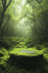 Fototapeta premium Lush green forest filled with dense moss and foliage, misty light filtering through the trees, creating a serene and enchanting natural scene