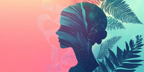 Silhouette of a woman blended with botanical leaves and abstract patterns, set against a gradient background of soft pink and teal, symbolizing nature and creativity