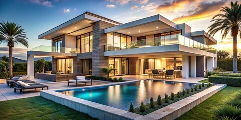 Fototapeta premium Stunning modern villa exterior, showcasing luxurious design.