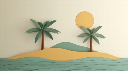 Colorful Paper Cut-Out Art of Tropical Landscape with Palm Trees, Sun, and Waves for Beach and Summer-Themed Designs or Backgrounds