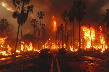 Blazing inferno engulfs palm trees and street as firefighters battle wildfire near urban area during night