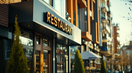 Obraz premium Modern urban restaurant facade on a sunny day with outdoor seating