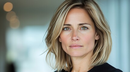 Fototapeta premium Confident blonde woman looking directly at the camera in a bright modern indoor setting.
