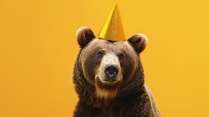 A brown bear wearing a gold party hat looks at the camera against a yellow background.