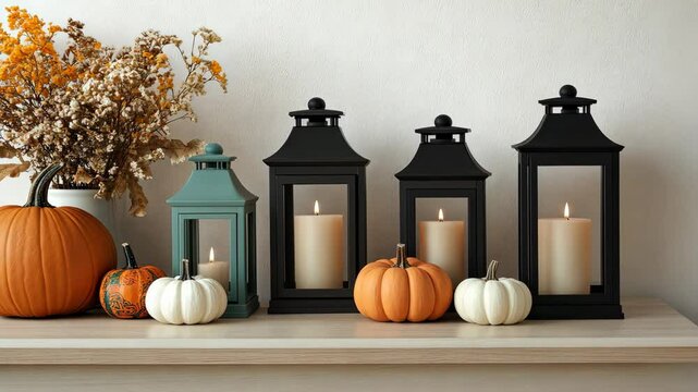 Harvest decorations fill the table with pumpkins and lanterns, creating a warm and inviting ambiance for fall gatherings
