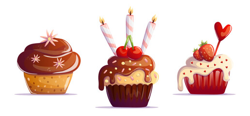A charming collection of cartoon-style sweet cupcakes with playful decorations, ideal for party themes, dessert designs, and whimsical illustrations.