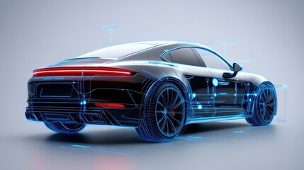 Sleek futuristic car design showcasing digital enhancements and technical schematics in a modern setting