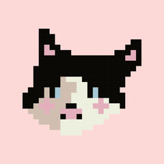Vector illustration with a cute cat muzzle on a light background. Pixel art postcard, print, design element
