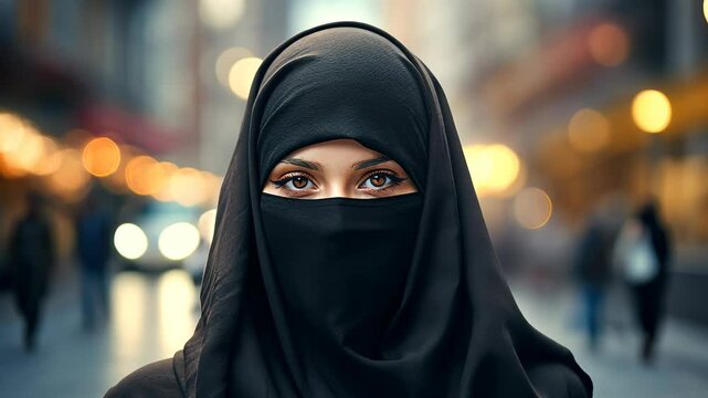 Woman in Black Niqab on a Lively Street
