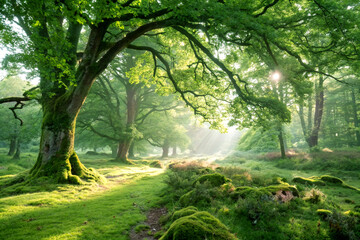 A serene forest glade with sunlight breaking through