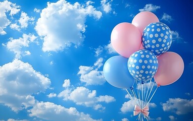 Pink, blue balloons bunch against a bright sky.