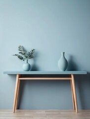 minimalist composition of living room interior with copy space, Powder Blue desk, stylish vase