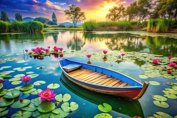 Fototapeta premium Water Lily Boat Dock Scene - Bright Summer Day