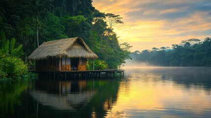 Fototapeta premium A serene tropical hut on a lake at sunset with beautiful water reflections and forest