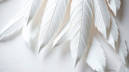 Delicate white feathers, soft light, ethereal texture, minimalist composition, muted tones, close-up detail, gentle shadows, natural elegance, lightweight, airy aesthetic, subtle gradients, pure white
