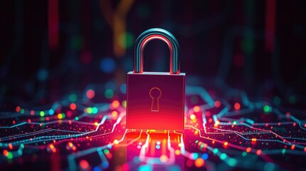Glowing red padlock, digital circuit background, neon lights, cybersecurity concept, futuristic technology, data protection, dark tech environment, binary code, network connections, cyber defense