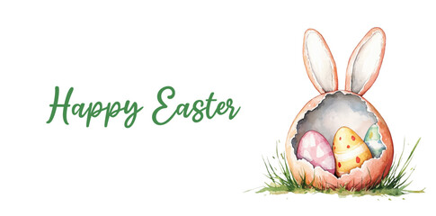 Happy Easter banner. Watercolor Easter banner with Easter egg and rabbit ears. Big Easter egg with eggs in the grass. Symbol of Easter atmosphere. Vector illustration.