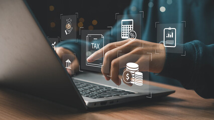 Digital tax checklist that shows electronic and online tax filing. Income tax, Tax planning services to maximize tax savings and optimize business finances provided. Tax and Vat concept.