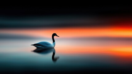 Fototapeta premium A serene swan glides over tranquil waters, reflecting the vibrant hues of a sunset in a peaceful, dreamlike setting.