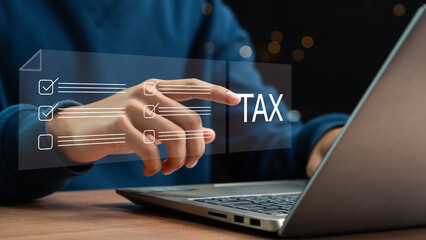 Digital tax checklist that shows electronic and online tax filing. Income tax, Tax planning services to maximize tax savings and optimize business finances provided. Tax and Vat concept.