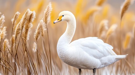Obraz premium A graceful white swan stands amidst golden grasses, showcasing its elegance in a serene natural setting.