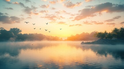 Fototapeta premium Serene Sunrise over Misty Lake with Birds in Flight