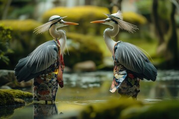 Fototapeta premium The stork is dressed in a traditional Chinese outfit