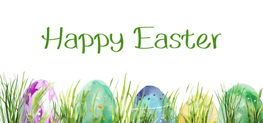 Happy Easter, watercolor banner with easter eggs in green grass. Easter eggs hidden in green grass. Easter egg making concept. Easter symbols. Vector illustration.