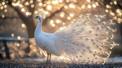 White peacock displaying, sunset, bokeh, garden, decor