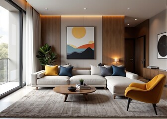 Modern living room interior with stylish furniture and decorative elements