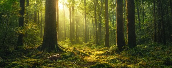Obraz premium An ancient forest filled with towering trees and hidden glades, where magic is said to dwell among the roots and branches.