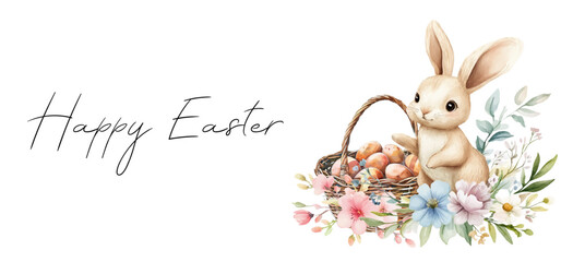 Happy Easter watercolor banner. Cute rabbit with basket of eggs and spring flowers watercolor. Easter and Easter symbols concept. Vector illustration.