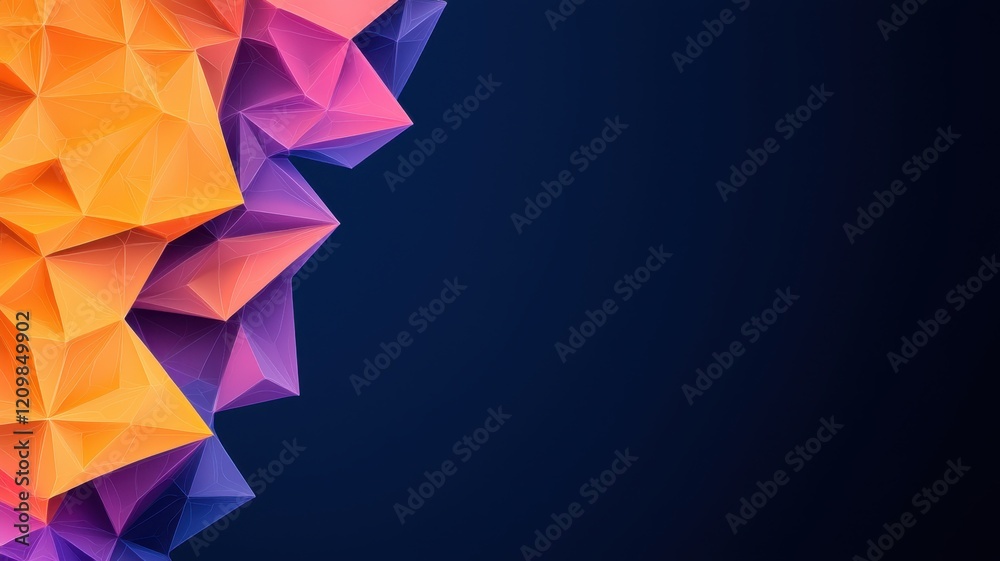 Poster A vibrant, geometric design featuring colorful triangular shapes on a dark background, creating a modern and dynamic visual effect.