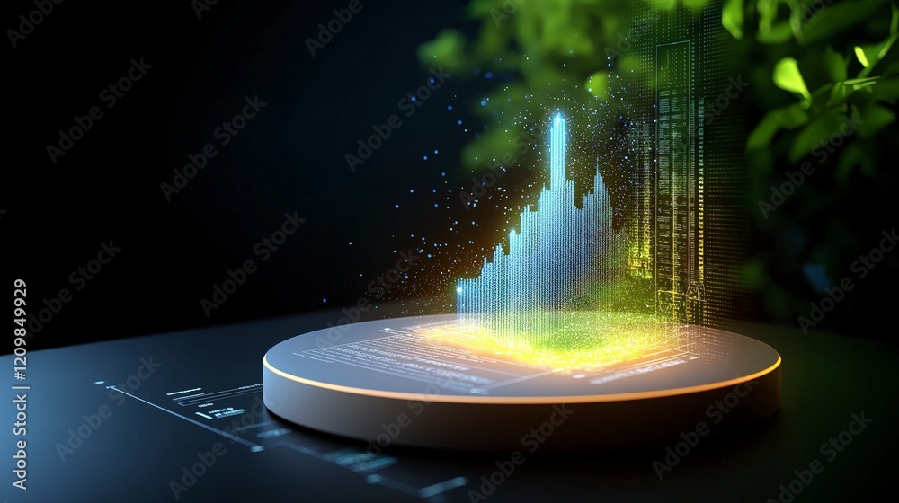Poster futuristic data visualization with bright colorful graphs and nature elements on dark background