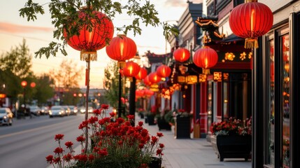 Vibrant Chinese Lanterns Lining the Streets of a Charming Asian City at Sunset