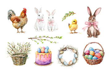 Watercolor set of Easter elements. White rabbits, rooster, baby chicken, Easter wreath, Easter cupcake, basket with willow branches. Watercolor elements for Easter designs. Vector illustration.