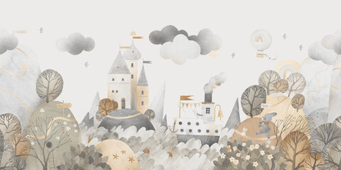 Watercolor landscape, hills, trees, sea, boat. Wallpaper for children's room.