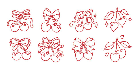Set of coquette pretty charming bows with cherry berries. Elegant bow knot, gift bow. Whimsical collection with festive decorative elements. Vintage hand drawn clipart. Minimalist girly line art