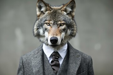 Photorealistic painting of a serious wolf businessman wearing a suit and tie, creating a unique and thought provoking image