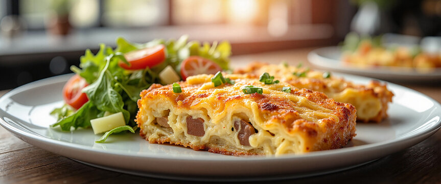 Delicious chicon au gratin plated with fresh salad in modern kitchen, healthy dining