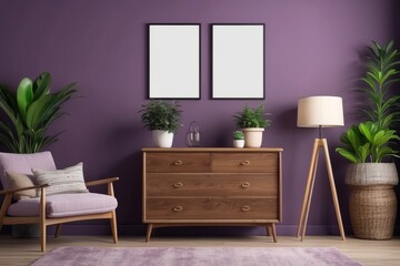 living room with wooden vintage commode, furniture, lamp, plant, carpet, pillows, blank poster frame, purple wall