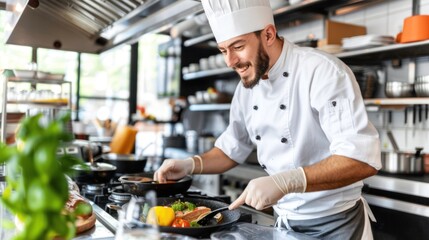 Fototapeta premium A Happy Chef Cooking Delicious Food in a Modern Kitchen