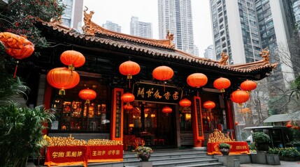 Naklejka premium Illuminated Chinese temple with red lanterns in urban cityscape