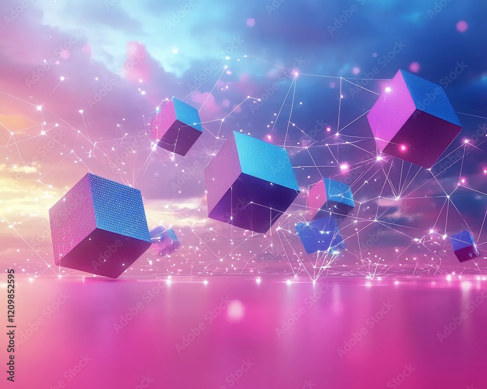Poster abstract digital cubes connected by glowing lines in a vibrant sky.