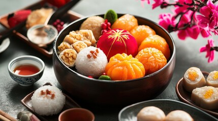 Colorful Traditional Asian Festive Dessert Assortment on Table