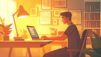 Fototapeta premium Man Working on Laptop in Warm Lit Room with Desk Lamp and Bookshelf Illustration