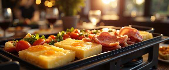 Raclette grill melting cheese and vegetables in evening dining setting, convivial atmosphere
