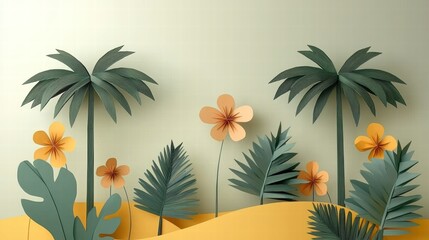 Delightful Tropical Landscape with Palm Trees and Colorful Flowers: Artistic Floral Illustration for Nature-Themed Design Projects and Decor