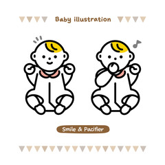 いろんな表情の赤ちゃんのイラスト。ご機嫌な表情と指しゃぶりをする赤ちゃん