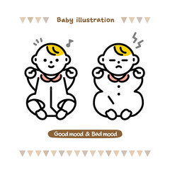 いろんな表情の赤ちゃんのイラスト。ご機嫌な表情と不機嫌な表情